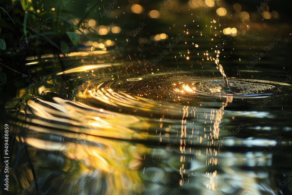 Aufkleber close up of a water drop creating a shimmering reflection on a body of water, shimmering and gleamin