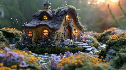 Fototapeta premium A magical papercraft fairy tale cottage castle in pastel yellow and lavender, with a charming thatched roof and delicate details, nestled in a blooming garden bathed in soft, warm light,
