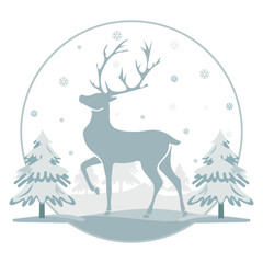Beautiful winter landscape with a snow-covered forest and a silhouette of a deer.
