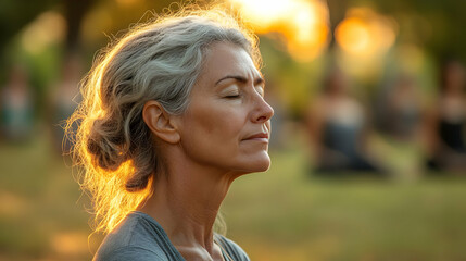 Woman meditating in nature at sunset