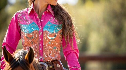 western horse show attire female horse rider wearing bright shirt with bling and western fashion pattern western pleasure horse show apparel for horse show competition in western riding