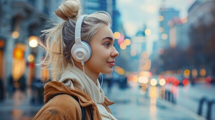 Obraz premium Beautiful girl listening to music with earphones on a blurry city street. AI generated images