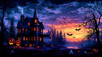 Haunted House with Jack O Lanterns and Bats at Sunset