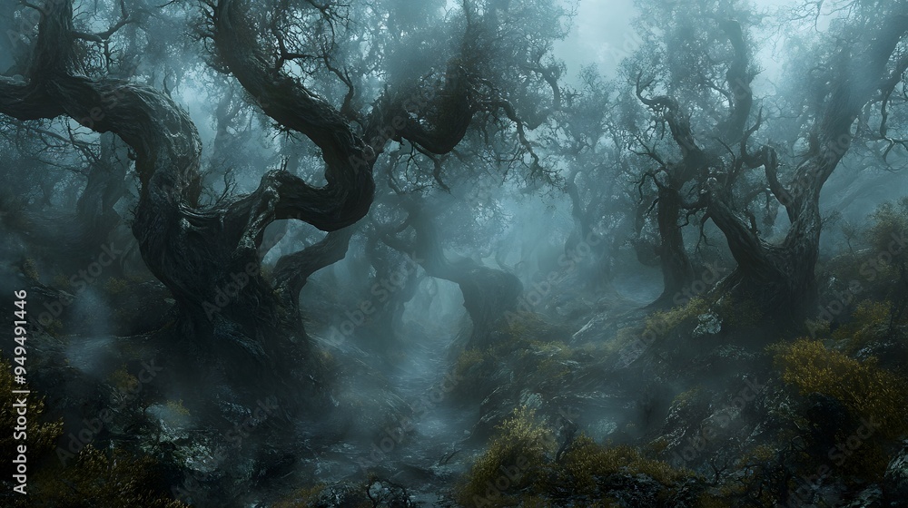 Wall mural a dark mysterious forest with twisted forms and dense fog