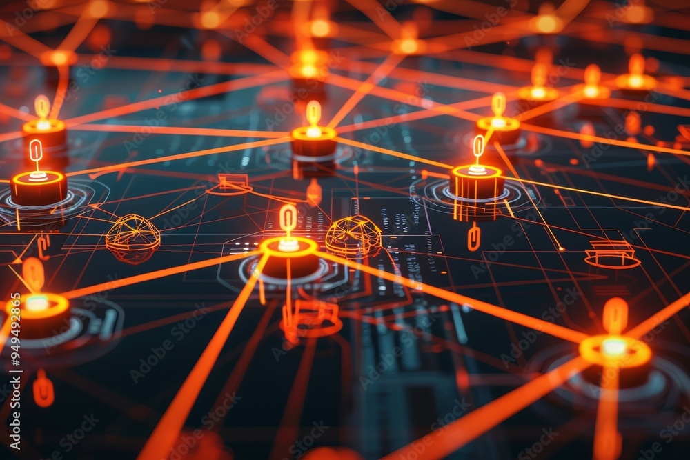 Poster decentralized network of glowing orange lights on black surface, show a decentralized network of nod