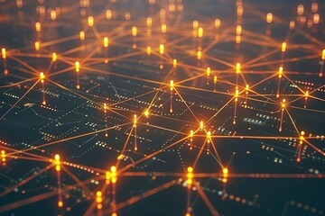 Large network of interconnected yellow lights scattered on a black background, Show a decentralized network of nodes interconnected by glowing lines and symbols