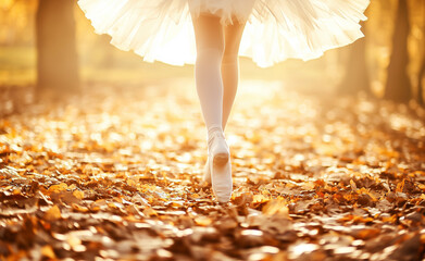 Ballerina's feet in the fallen leaves generated by AI