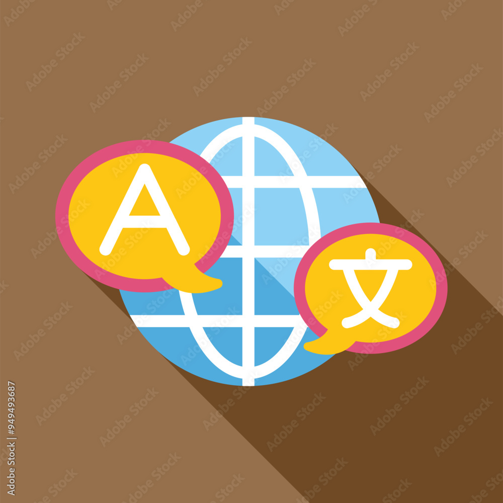 Poster colorful vector illustration featuring a globe with speech bubbles containing different language let