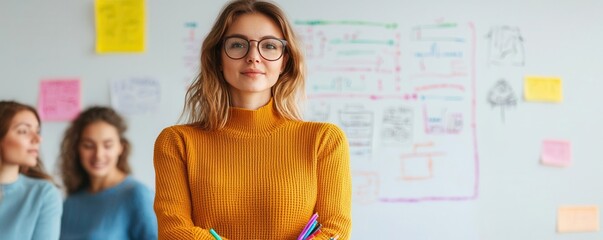 Young female team leader sketching a flowchart with colored markers, diverse team contributing ideas, creative project management