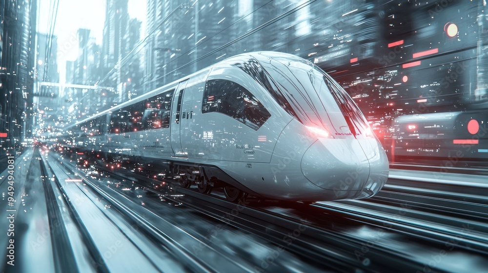 Poster futuristic dual-layer image of high-speed train in cityscape with global shipping routes - efficient