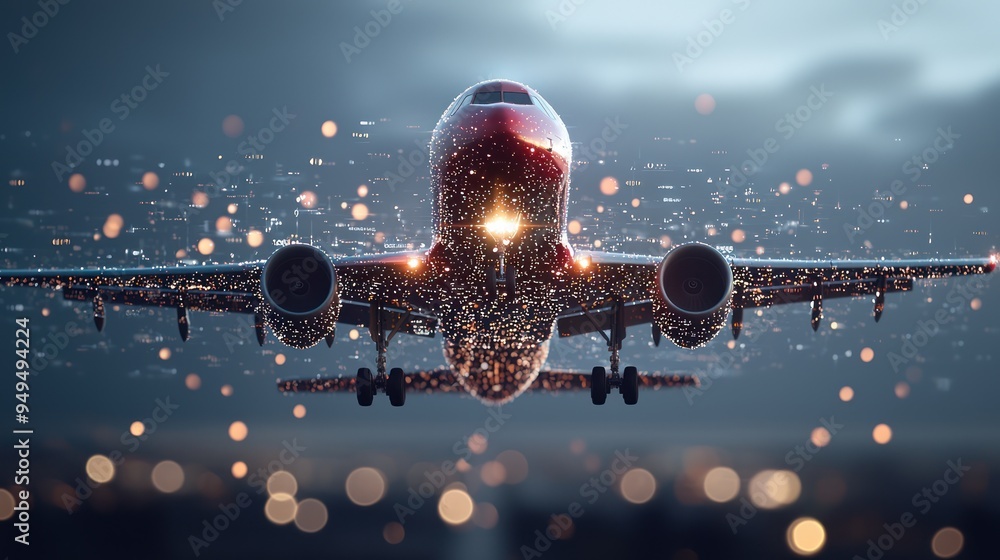 Poster dynamic double exposure of airplane taking off with intricate air traffic and transport data visuali