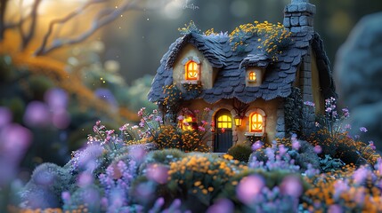 Fototapeta premium A pastel fairy tale cottage castle in papercraft style, featuring yellow and lavender hues, a charming thatched roof, and nestled in a vibrant garden with pastel-colored flowers, softly lit by a warm,