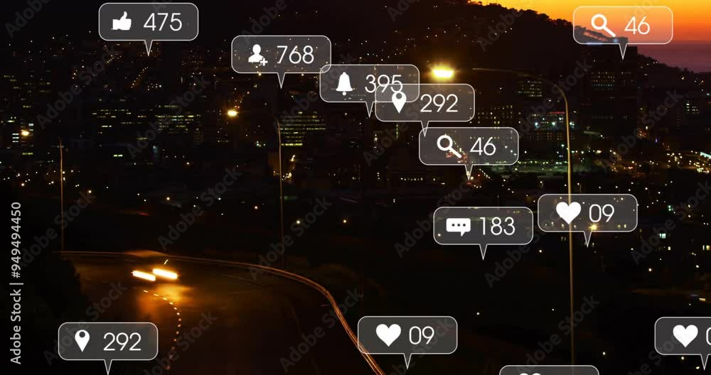 Canvas Prints Social media notifications animation over cityscape at night with moving cars