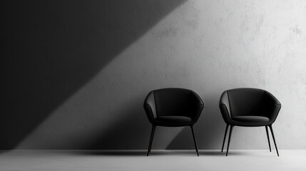 Sleek black and white chairs in a minimalist 3D-rendered setting with abstract art.