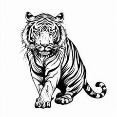 Obraz premium Illustration of a tiger in black and white. Detailed vector art of a tiger walking towards the viewer on a white background. Wildlife and predator concept for design and print. Generative AI