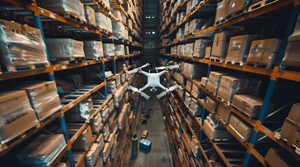 Drone in a warehouse inside.