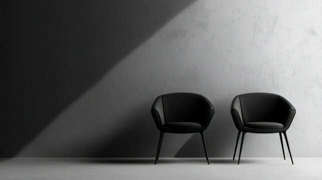 Sleek black and white chairs in a minimalist 3D-rendered setting with abstract art.