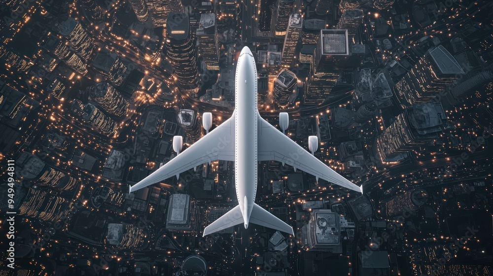 Poster high detail dual-layer airplane over urban infrastructure with logistics routes representing interco