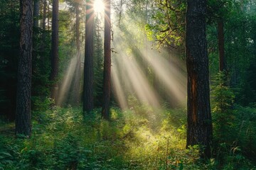 Observing the sunlight filtering through the trees in a forest, surrounded by a natural landscape of terrestrial plants, trunks, twigs, grass, and various shades of wood , ai
