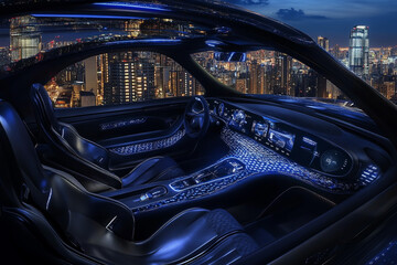 Interior of a futuristic flying car with two seats and a view of Dubai city at night