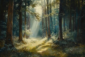 Obraz premium Observing the sunlight filtering through the trees in a forest, surrounded by a natural landscape of terrestrial plants, trunks, twigs, grass, and various shades of wood , ai