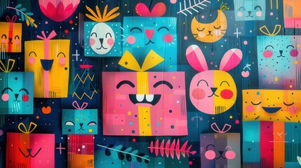 Obraz premium Colorful Gift Boxes With Cute Animal Faces Illustration