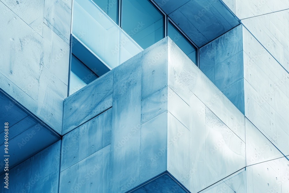 Poster close up of a tall building featuring geometric shapes and rows of windows, showcase a unique blend 