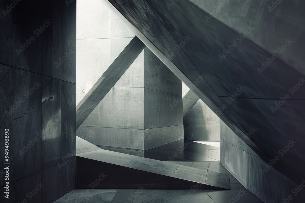 Poster a black and white building featuring geometric shapes and clean lines, showcase a unique blend of ge