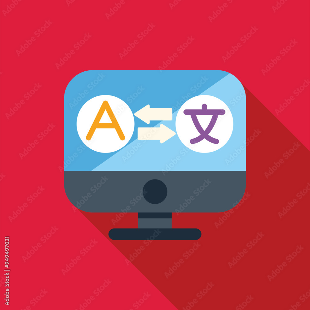 Poster computer screen showing translation process from alphabet to chinese language with double arrows