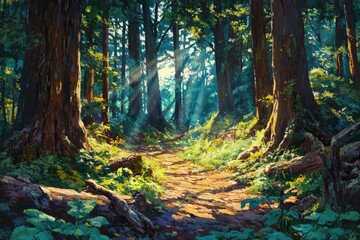 Obraz premium Observing the sunlight filtering through the trees in a forest, surrounded by a natural landscape of terrestrial plants, trunks, twigs, grass, and various shades of wood , ai