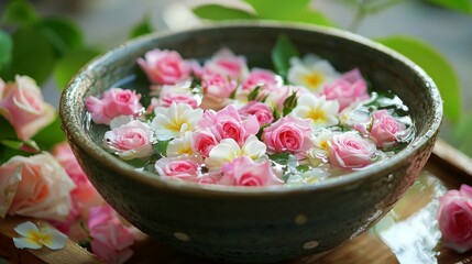 close up a rose petals with jasmine flowers in a large silver bowl of water for bathing the buddha....