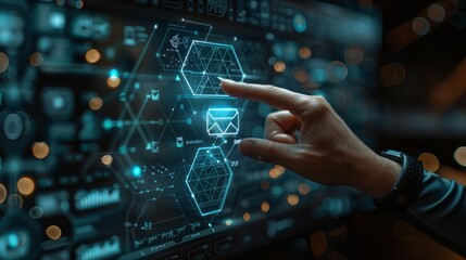 Hand-touching the email icon on a virtual screen