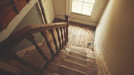 Fototapeta premium Partially Carpeted wooden stairs in a house