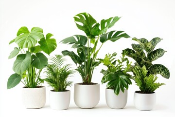 Obraz premium A collection of indoor plants in white pots, showcasing greenery and decor.