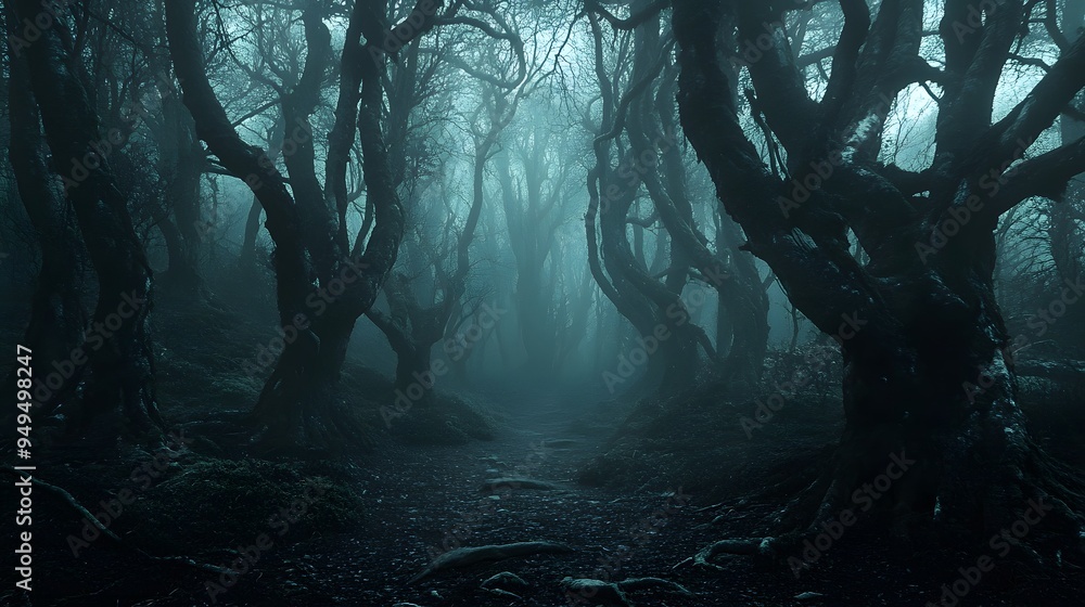 Wall mural a dark mysterious forest with twisted trees and hidden creatures