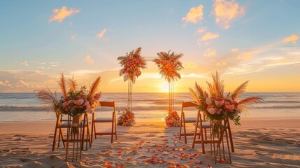 A dreamy sunset beach wedding ceremony with floral arch and elegant chair arrangements