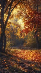 A serene autumn evening showcasing vibrant foliage illuminated by the warm golden sunset light.