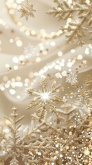 Elegant beige Christmas background with gold sequins and intricate snowflakes. Classic and refined.