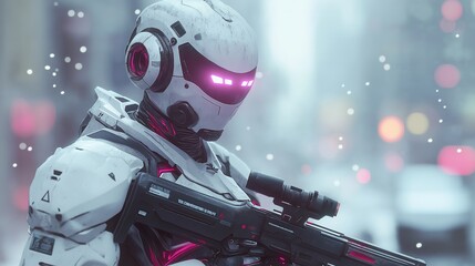 White Robot with Pink Glowing Eyes Holding Assault Rifle, Copy Space