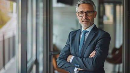 Fototapeta premium Bank manager stands confidently proud in financial development. AI generates images
