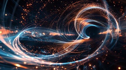 Fototapeta premium A glowing particle navigates a circular path in a shadowy quantum realm of light and waves