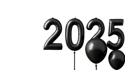 2025 Happy New Year 3d number black balloon isolated on white background