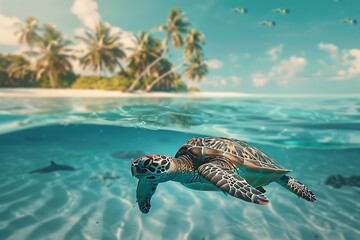 Colorful coral sea turtles swimming gracefully