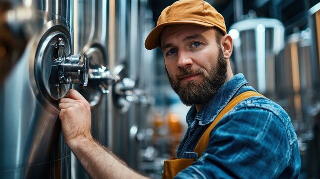 Dedicated Brewer Monitoring Fermentation Tank Temperature with Brewing Equipment in Background