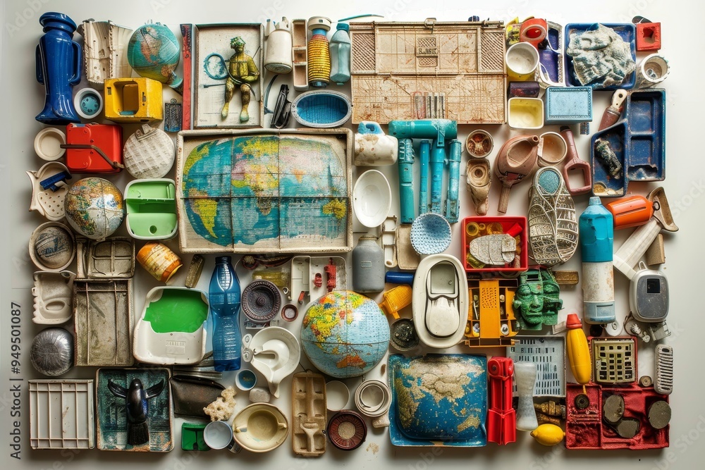 Poster various objects displayed on a wall, showcasing a diverse collection of materials and textures, show