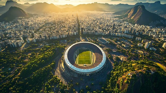 Panoramic aerial shot of Rio de Janeiro capturing the vibrant energy of the city as crowds fill the streets surrounded by important sites like the Sambadrome and the Maracan&Atilde;&pound; Stadium