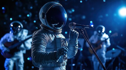 Fototapeta premium Group of astronauts sings opera and playing on guitar