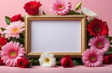 Gold frame with white blank sheet, standing in flowers on pink background. Template for placing holiday greetings.