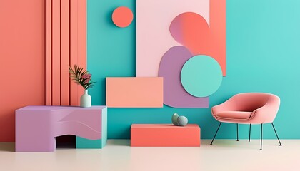 Stylish Room with Geometric Abstract Art: A 3D Render of a Chair, Table, and Colorful Surreal Design