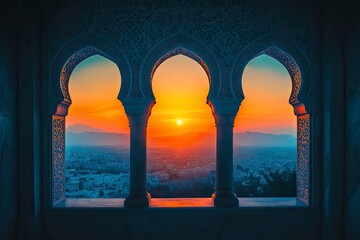 Mosque sunset islamic frame, vertical image, social media story, Ramadan or islamic concept wallpaper , ai